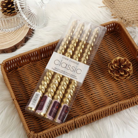 Lumanari - Set 4 Lumanari pentru Masa, Cina, Decor, Flippy, Model Rasucit, Lungime 25 cm, Auriu