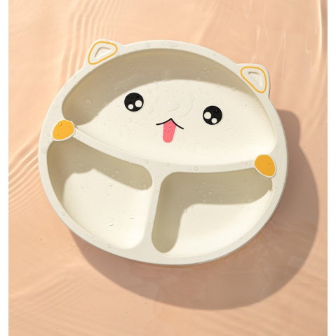 TeoMarket - Set 4 Piese Hranire Bebelusi si Copii, Flippy, din Silicon, fara BPA, de la 12 Luni, Model Pisicuta, 28 x 26 x 2 cm, Bej