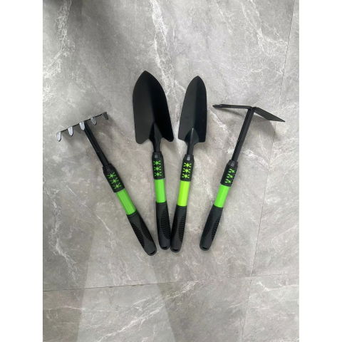Articole pentru Gradina si Bricolaj - Set 4 Unelte de Gradina Flippy, pentru Plantare, Prelucrare Sol si Ingrijire Plante, Material PVC Carbon, Grebla, Sapaliga cu Cap Dublu, Lopata Mica, Lopata Lata, 43 x 11 cm, Negru/Verde