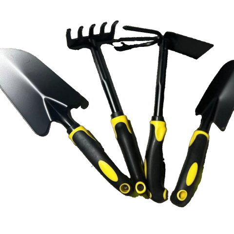 Best deals - Set 4 Unelte de Gradina Flippy, pentru Plantare, Prelucrare Sol si Ingrijire Plante, Material PVC Carbon, Grebla, Sapaliga cu Cap Dublu, Lopata Mica, Lopata Lata, 43 x 11 cm, Negru/Galben