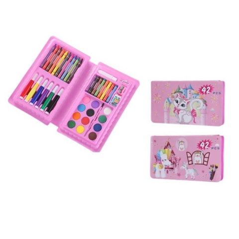 TeoMarket - Set 42 Piese de Pictura si Desen, Flippy, Tip Penar, Model Pisicuta, 24.3 x 13 x 3 cm, Roz