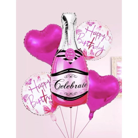 Import - Set 5 Baloane din Folie Metalizata, Flippy, Figurine Sticla de Sampanie, Model Inimi, Tema Aniversare, Pai Inclus, Ambalaj Individual, Umflare cu Aer sau Heliu, Multicolor