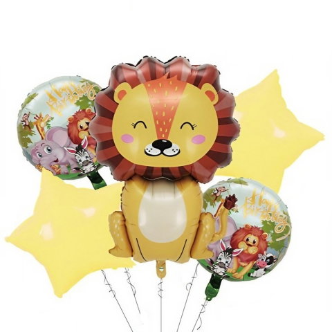 Import - Set 5 Baloane din Folie Metalizata, Flippy, Figurine, Tema Aniversare Jungla, Pai Inclus, Ambalaj Individual, Umflare cu Aer sau Heliu, Figurina Leu 69.5x101 cm, Stelute si Cerculete 45 cm, Multicolor