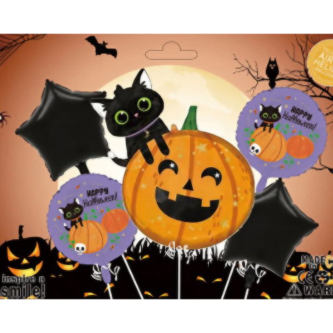 TeoMarket - Set 5 Baloane din Folie Metalizata, Flippy, Figurine, Tema Halloween, Pai Inclus, Ambalaj Individual, Umflare cu Aer sau Heliu, Figurina Dovleac si Pisica 84x69 cm, Stelute si Cerculete 45 cm, Multico