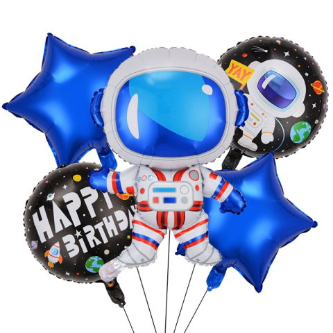 Import - Set 5 baloane din folie metalizata HAPPY BIRTHDAY, Flippy, Figurina Model Astronaut, Stelute Albastre, Adeziv si pai incluse, 78 x 45cm, Albastru inchis