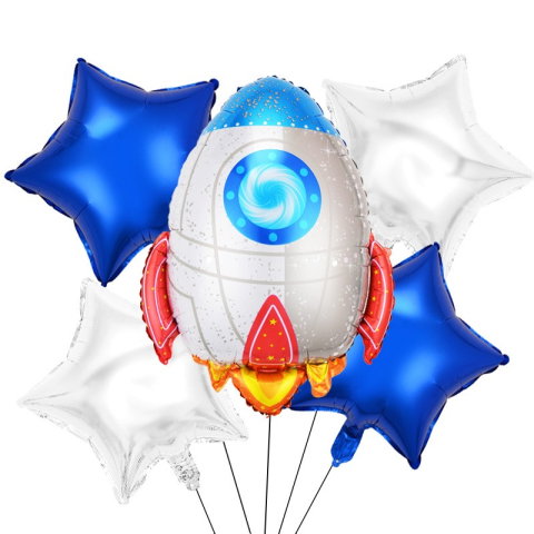 Import - Set 5 baloane din folie metalizata HAPPY BIRTHDAY, Flippy, Figurina Model Racheta, Stelute Albastre, Adeziv si pai incluse, 78 x 45cm, Albastru Alb