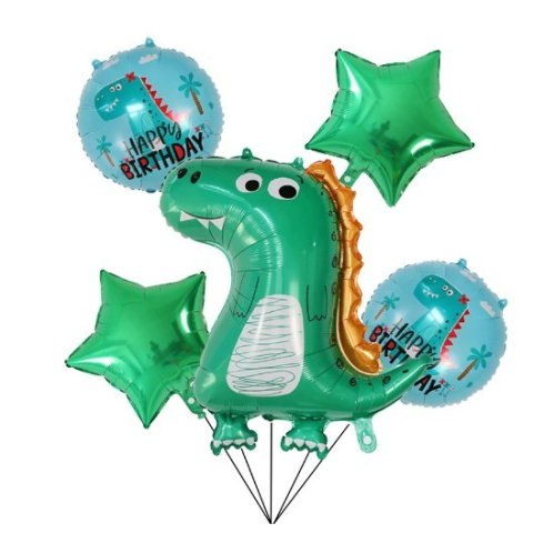 Import - Set 5 Baloane folie de aluminiu, Flippy, Figurina Dinozaur, pentru aniversare HAPYY BIRTHDAY, Stelute Verzi si Baloane Albastre, 50 - 70 cm