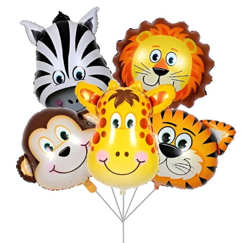 Import - Set 5 Baloane Folie Metalizata, Flippy, Figurine Animale Salbatice, 30 cm, Ambalaj Individual, Pai inclus, Umflare cu Aer sau Heliu, Multicolor