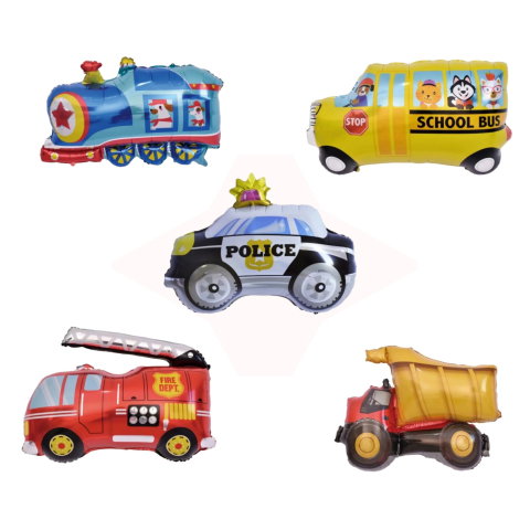 Import - Set 5 Baloane Folie Metalizata, Flippy, Figurine Masini, 30 cm, Ambalaj Individual, Pai inclus, Umflare cu Aer sau Heliu, Multicolor