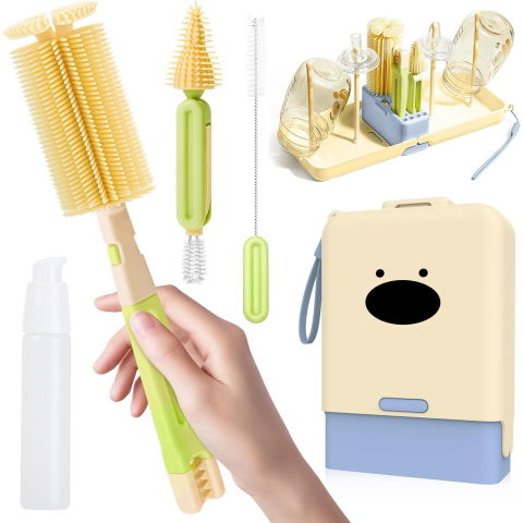 50 - 100 LEI - Set 7 Piese de Spalat/Uscat Biberoane, Flippy, Portabil, Peri de Silicon, pentru Tetine, Suzete, Biberoane, Paie, Cutie Inclusa, 16.8 x 12 x 5 cm, Model Catel, Albastru