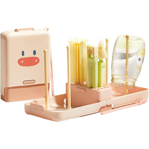 TeoMarket - Set 7 Piese de Spalat/Uscat Biberoane, Flippy, Portabil, Peri de Silicon, pentru Tetine, Suzete, Biberoane, Paie, Cutie Inclusa, 16.8 x 12 x 5 cm, Model Porcusor, Roz