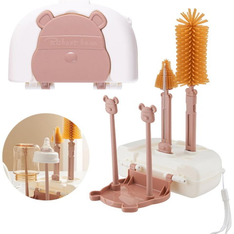 TeoMarket - Set 7 Piese de Spalat/Uscat Biberoane, Flippy, Portabil, Peri de Silicon, pentru Tetine, Suzete, Biberoane, Paie, Cutie Inclusa, 16 x 11 x 5 cm, Model Ursulet, Maro