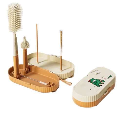 TeoMarket - Set 7 Piese de Spalat/Uscat Biberoane, Flippy, Portabil, Peri de Silicon, pentru Tetine, Suzete, Biberoane, Paie, Cutie Inclusa, 20 x 9.5 cm, Portocaliu