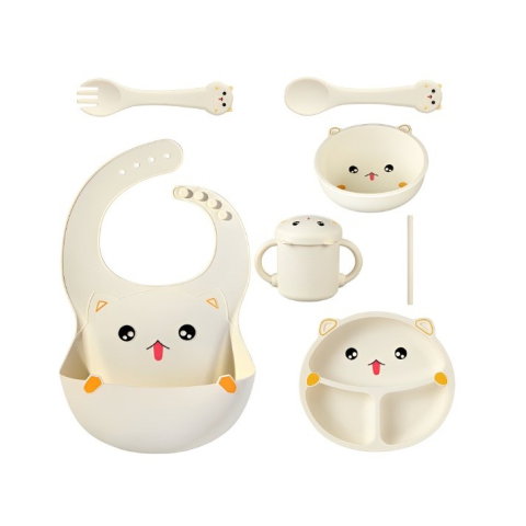 TeoMarket - Set 7 Piese Hranire Bebelusi si Copii, Flippy, din Silicon, fara BPA, de la 12 Luni, Model Pisicuta, 30 x 25 x 6 cm, Bej