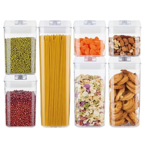 Organizatoare si Depozitare Bucatarie - Set 7 Recipiente din Plastic, Flippy, pentru Alimente/Obiecte, Inchidere Ermetica, 2 x 0.5l, 2 x 0.8l, 2 x 1.2l, 1 x 1.9 l, Capac Alb, Transparent