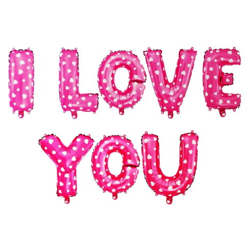 Import - Set 8 Baloane din Folie Metalizata, Figurine Litere, Model I Love You, Tema Ziua Indragostitilor, 40 cm, Ambalaj Individual, Pai Inclus, Umflare cu Aer sau Heliu, Roz cu Inimioare Albe
