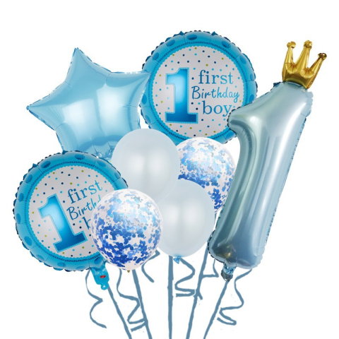 Import - Set 8 Baloane din Folie Metalizată si din Latex, Flippy, Figurine Cifra 1 Printesa 91cm, Stea 45 cm si Cerc 55 cm, Baloane Latex 30 cm, Tema Prima Aniversare, Ambalaj Individual, Pai Inclus, Umflare c