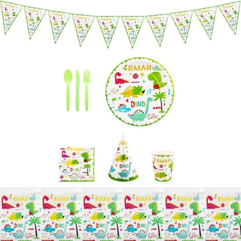TeoMarket - Set 9 Accesorii de Masa, Flippy, Colectia Dino Park, 82 Piese, din Carton/Plastic/Hartie, Multicolor