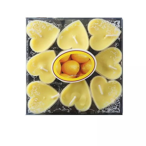 TeoMarket - Set 9 Lumanari in Forma de Inima, Flippy, pentru Ziua Indragostitilor, Aroma de Citrice, Ardere 3.5 h, din Parafina, 4 x 2 cm, Galben