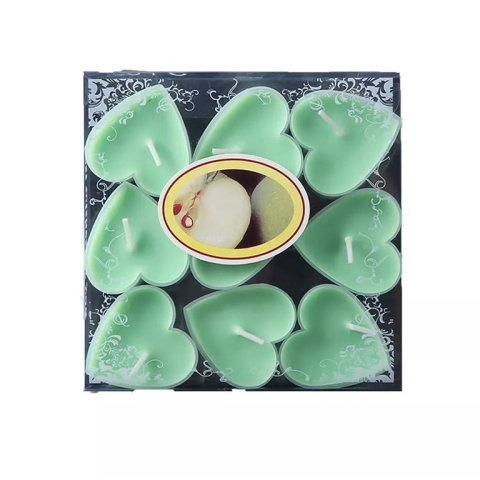 TeoMarket - Set 9 Lumanari in Forma de Inima, Flippy, pentru Ziua Indragostitilor, Aroma de Mar, Ardere 3.5 h, din Parafina, 4 x 2 cm, Verde