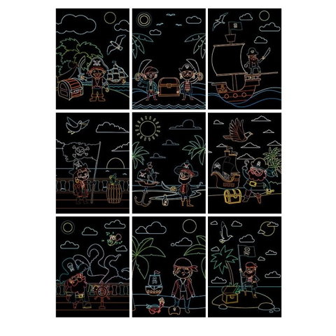 TeoMarket - Set 9 Planse Razuibile, Flippy, Scratch ArtCards, +3 Ani, de Razuit si de Colorat, 19 x 14 cm, Model Pirati, Multicolor