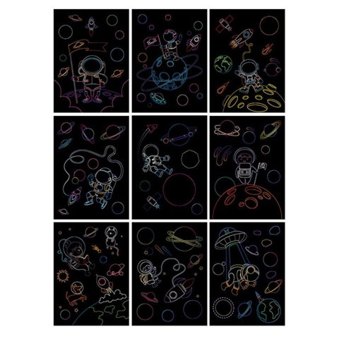 TeoMarket - Set 9 Planse Razuibile, Flippy, Scratch ArtCards, +3 Ani, de Razuit si de Colorat, 19 x 14 cm, Model Spatiu Cosmic, Multicolor