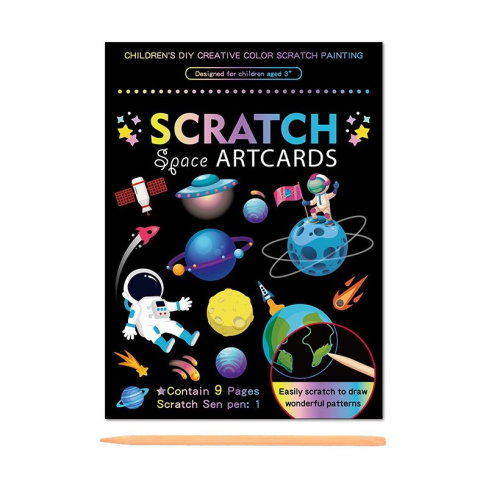 TeoMarket - Set 9 Planse Razuibile, Flippy, Scratch ArtCards, +3 Ani, de Razuit si de Colorat, 19 x 14 cm, Model Spatiu Cosmic, Multicolor