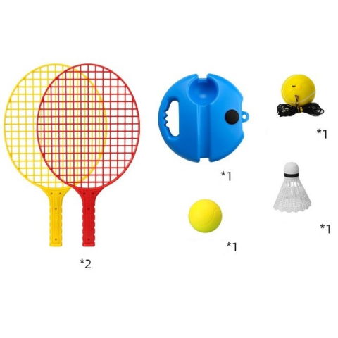 50 - 100 LEI - Set Badminton pentru Copii, Flippy, Doua Palete, Fluturas, 2 Mingi, Minge cu Elastic pentru Antrenament, Suport de Prindere Stabil, 40.5x23 cm, Rosu Galben