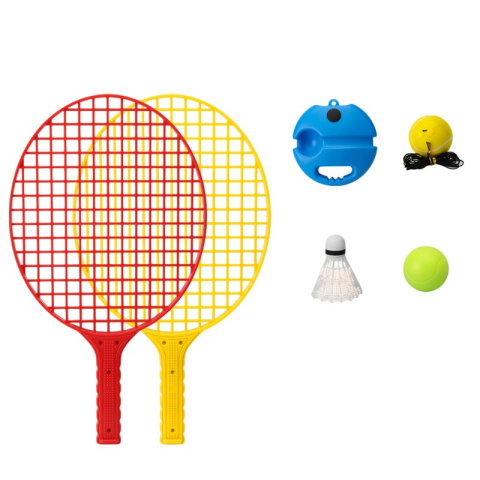 TeoMarket - Set Badminton pentru Copii, Flippy, Doua Palete, Fluturas, 2 Mingi, Minge cu Elastic pentru Antrenament, Suport de Prindere Stabil, 40.5x23 cm, Rosu Galben