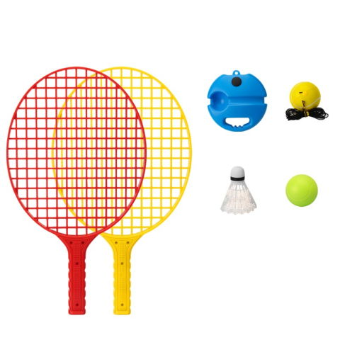50 - 100 LEI - Set Badminton pentru Copii, Flippy, Doua Palete, Fluturas, 2 Mingi, Minge cu Elastic pentru Antrenament, Suport de Prindere Stabil, 40.5x23 cm, Rosu Galben