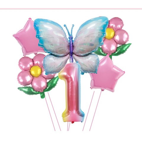 Import - Set baloane aniversare cu numere, din folie de aluminiu, 6 piese, 2 flori, 2 stelute, 1 fluture, 1 cifra, Multicolor, Cifra 1