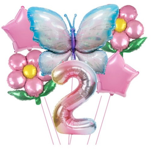 Import - Set baloane aniversare cu numere, din folie de aluminiu, 6 piese, 2 flori, 2 stelute, 1 fluture, 1 cifra, Multicolor, Cifra 2