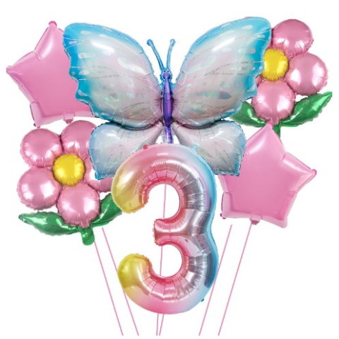 Import - Set baloane aniversare cu numere, din folie de aluminiu, 6 piese, 2 flori, 2 stelute, 1 fluture, 1 cifra, Multicolor, Cifra 3