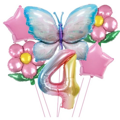 Import - Set baloane aniversare cu numere, din folie de aluminiu, 6 piese, 2 flori, 2 stelute, 1 fluture, 1 cifra, Multicolor, Cifra 4