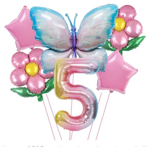 Import - Set baloane aniversare cu numere, din folie de aluminiu, 6 piese, 2 flori, 2 stelute, 1 fluture, 1 cifra, Multicolor, Cifra 5