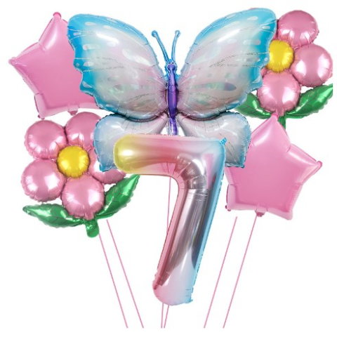 Import - Set baloane aniversare cu numere, din folie de aluminiu, 6 piese, 2 flori, 2 stelute, 1 fluture, 1 cifra, Multicolor, Cifra 7