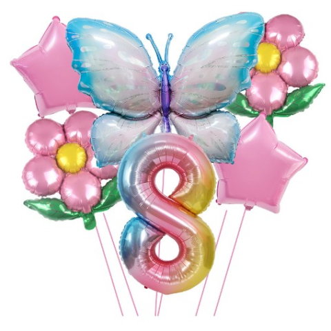 Import - Set baloane aniversare cu numere, din folie de aluminiu, 6 piese, 2 flori, 2 stelute, 1 fluture, 1 cifra, Multicolor, Cifra 8