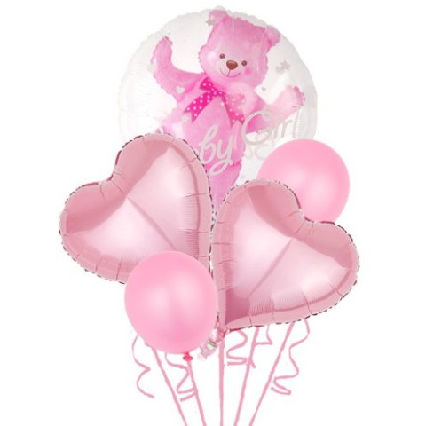TeoMarket - Set Baloane Aniversare, Flippy, set din 5 bucati, 1 bucata urs, 2 inimi folie, 2 simple din latex Baby Girl, 60 cm Roz