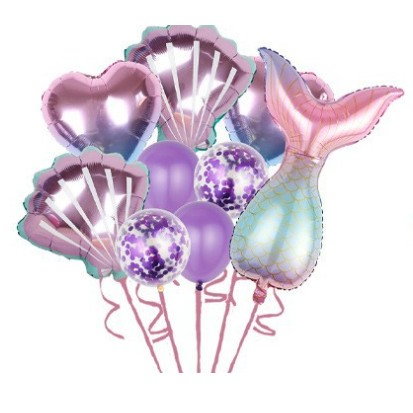 Import - Set baloane aniversare pentru fetita, set din 9 baloane, Flippy, Tematica Sirene, 5 Baloane Folie, 4 baloane latex, cu inimii Mov metalizat