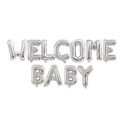 Import - Set Baloane din Folie Metalizata, Flippy, Figurine Litere, Model Welcome Baby, Tema Aniversare, 40 cm, Ambalaj Individual, Pai inclus, Umflare cu Aer sau Heliu, Alb