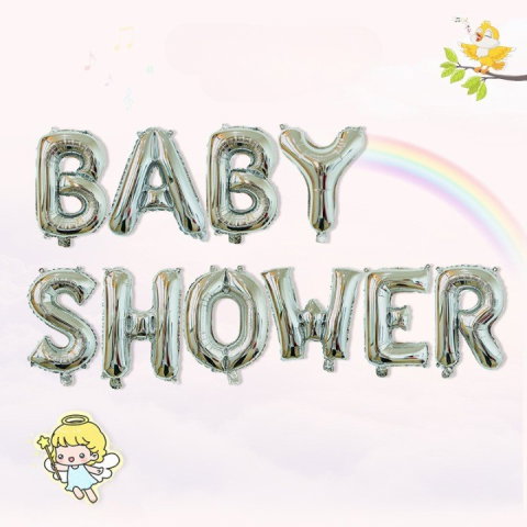 Import - Set Baloane din Folie Metalizata, Flippy, Model Baby Shower, Litere de 40 cm, Baloane Party, Ambalaj Individual, Pai, Ata si Adeziv Incluse, Umflare cu Aer sau Heliu, Argintiu