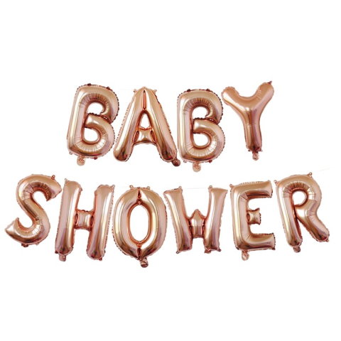 Import - Set Baloane din Folie Metalizata, Flippy, Model Baby Shower, Litere de 40 cm, Baloane Party, Ambalaj Individual, Pai, Ata si Adeziv Incluse, Umflare cu Aer sau Heliu, Rose Gold