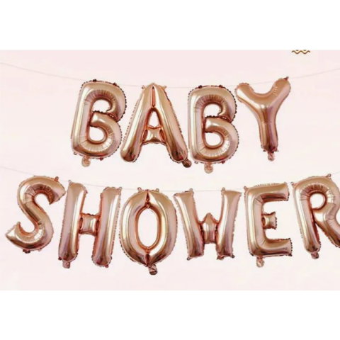 Import - Set Baloane din Folie Metalizata, Flippy, Model Baby Shower, Litere de 40 cm, Baloane Party, Ambalaj Individual, Pai, Ata si Adeziv Incluse, Umflare cu Aer sau Heliu, Rose Gold