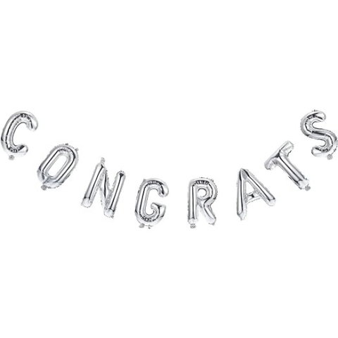 Import - Set Baloane din Folie Metalizată, Flippy, Model Congrats, Litere de 40 cm, Baloane Absolvire, Ambalaj Individual, Pai inclus, Umflare cu Aer sau Heliu, Argintiu