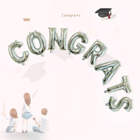 Import - Set Baloane din Folie Metalizată, Flippy, Model Congrats, Litere de 40 cm, Baloane Absolvire, Ambalaj Individual, Pai inclus, Umflare cu Aer sau Heliu, Argintiu