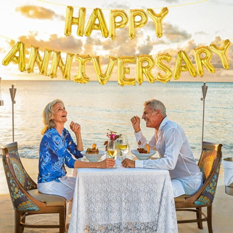 Import - Set Baloane din Folie Metalizata, Flippy, Model Happy Anniversary, Litere de 40 cm, Baloane Party, Ambalaj Individual, Pai Inclus, Umflare cu Aer sau Heliu, Auriu