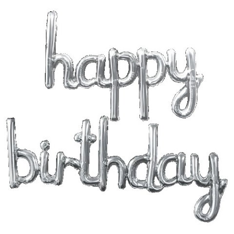 Import - Set Baloane din Folie Metalizată, Flippy, Model Happy Birthday, 45x85 cm, 45x124cm, Baloane Party, Ambalaj Individual, Pai inclus, Umflare cu Aer sau Heliu, Argintiu