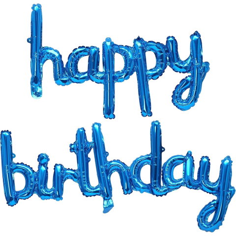 Import - Set Baloane din Folie Metalizata, Flippy, Model Happy Birthday, 45x85 cm, 45x124cm, Baloane Party, Ambalaj Individual, Pai Inclus, Umflare cu Aer sau Heliu, Albastru
