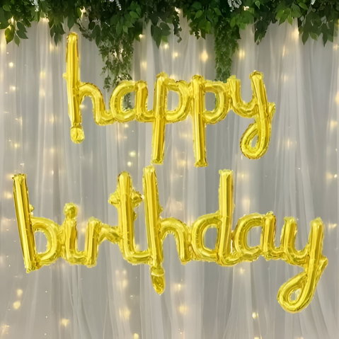 Import - Set Baloane din Folie Metalizată, Flippy, Model Happy Birthday, 45x85 cm, 45x124cm, Baloane Party, Ambalaj Individual, Pai inclus, Umflare cu Aer sau Heliu, Gold