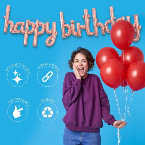 Import - Set Baloane din Folie Metalizata, Flippy, Model Happy Birthday, 45x85 cm, 45x124cm, Baloane Party, Ambalaj Individual, Pai Inclus, Umflare cu Aer sau Heliu, Roz Pal
